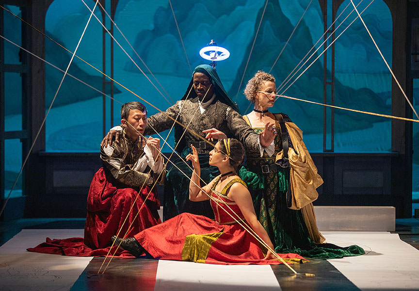 (from left) Wai Yim, Adeoye, Andrea San Miguel, and Louise Lamson in The Notebooks of Leonardo da Vinci at The Old Globe, 2023. Photo by Jim Cox.